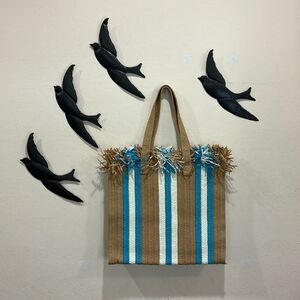 NWOT! BTB Los Angeles Blue Stripe Woven Fringe Straw Tote Beach Bag ~ Festival